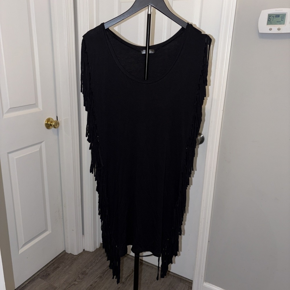 Venus Black Fringe T Shirt Dress Boho Western Cowgirl Whimsigoth XS Beach Cruise